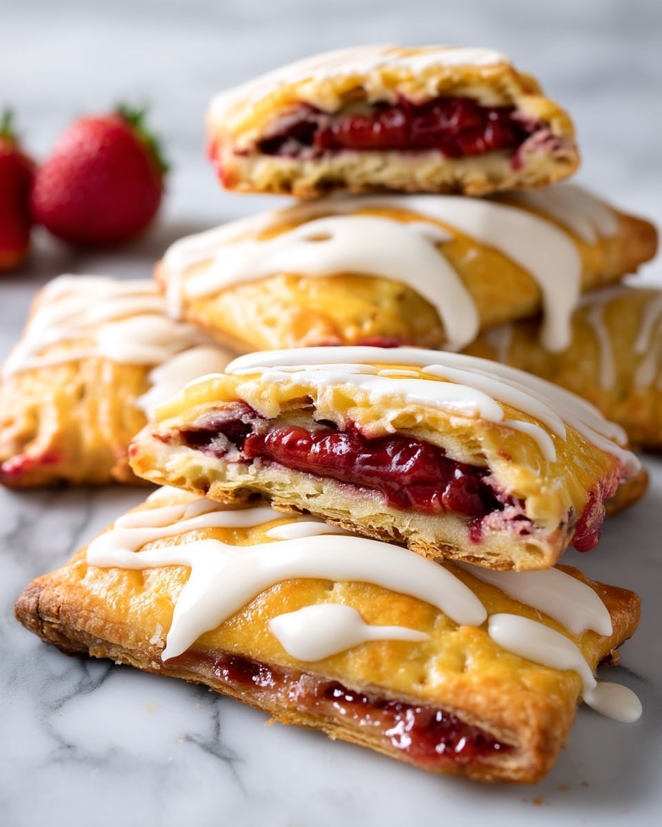 The image shows several golden brown rectangular pastries with a soft, crumbly texture. Each pastry is topped with a thick, smooth white glaze dripping slightly over the edges. One pastry is cut open, revealing two layers: a top and bottom layer of flaky golden dough, with a thick, rich, dark red fruit filling in the middle. The pastries rest on a white marbled surface, and a few red strawberries are slightly visible in the background. Photo taken with an iphone --ar 4:5 --v 7
