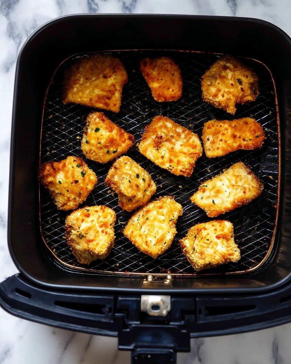 Inside a black air fryer basket with a metal mesh bottom, there are ten small pieces of golden-brown crispy food, each with a rough, crunchy texture and sprinkled with green herbs. The pieces are irregular shapes, some triangular, some square, and they are spaced apart in the basket. The photo is taken from above, showing the basket edges and a bit of the air fryer control knob at the bottom right corner. The surface under the air fryer is a white marbled texture photo taken with an iphone --ar 4:5 --v 7