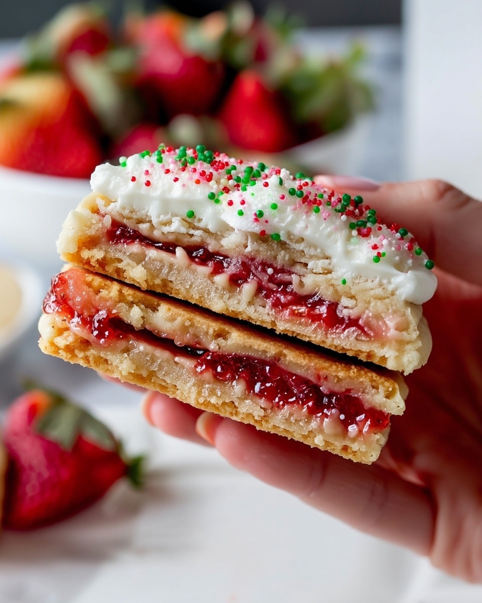 Strawberry Pop Tart Sugar Cookies Recipe 5 A close-up view of a layered sandwich cookie held by a woman's hand, showing three layers: the top and bottom layers are thick, golden-baked cookie parts with a crumbly texture, the middle layer is a shiny red strawberry jam spread, and the top layer is covered with white creamy frosting sprinkled with red and green sugar crystals. The background shows blurred red strawberries and a white marbled surface below the sandwich cookie. Photo taken with an iphone --ar 4:5 --v 7