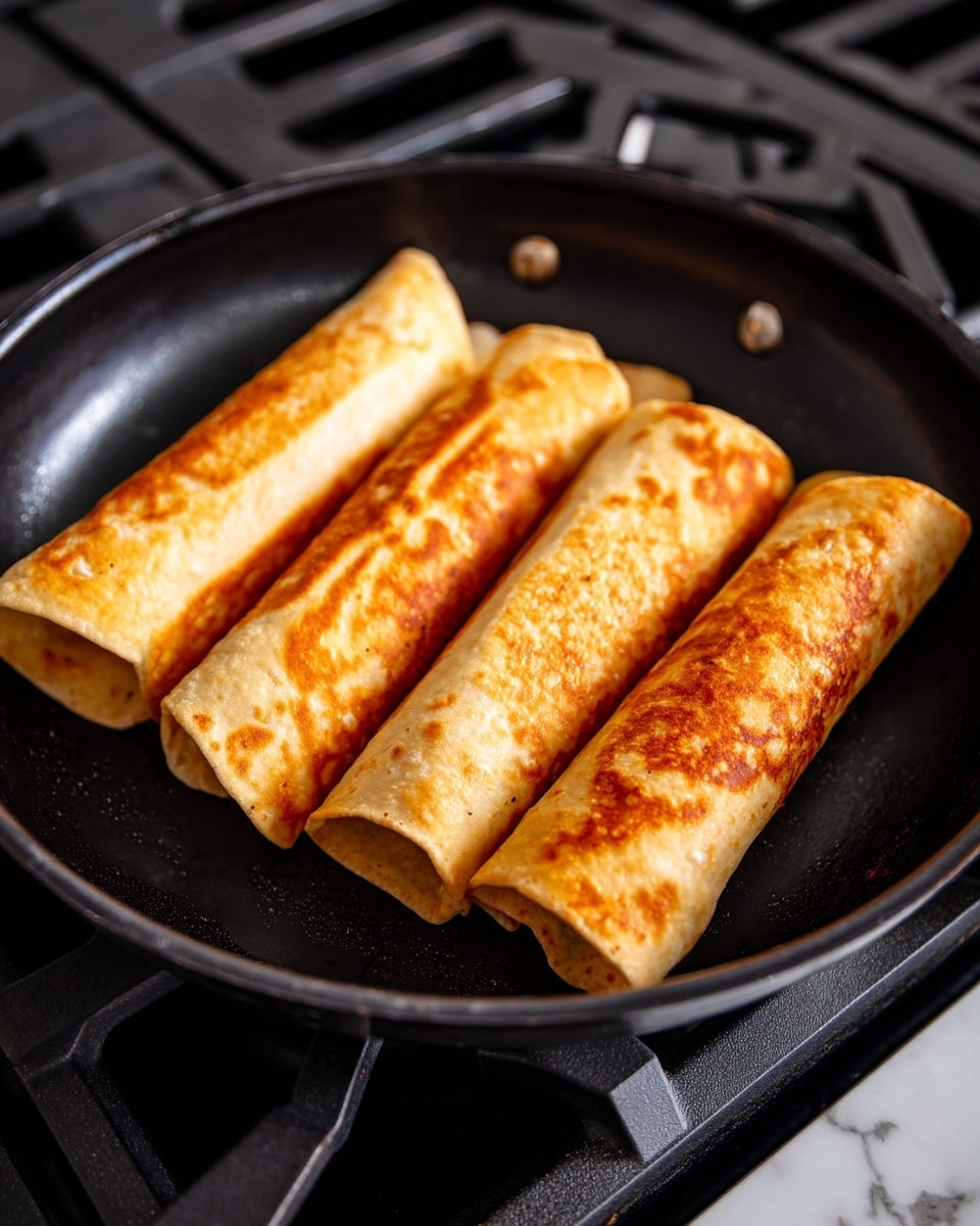 In a black frying pan on a stove, there are four rolled wraps placed side by side in a row. Each wrap is golden brown on the outside with some light and darker toasted spots, showing a crisp and warm texture. The wraps are evenly browned and tightly rolled, sitting close together in the pan. The stove top below the pan is black with a white marbled texture around it. photo taken with an iphone --ar 4:5 --v 7