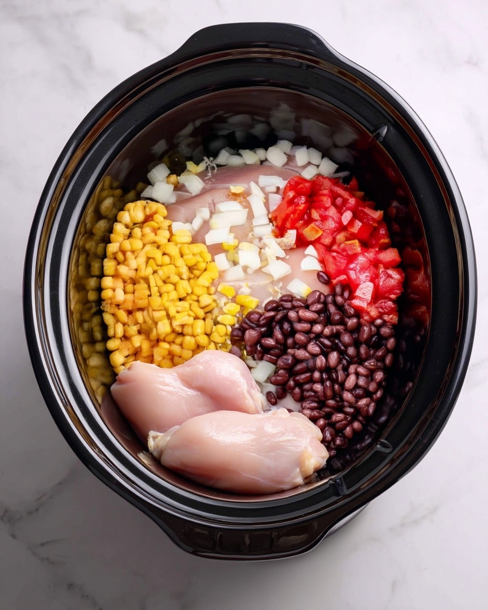 Inside a black slow cooker, there are two raw chicken pieces placed at the bottom center. On the left side above the chicken, there is a pile of yellow corn kernels. To the right of the chicken, black beans are arranged closely. Above the chicken, finely chopped white onions are spread on top. Next to the onions on the right, there is a layer of diced red tomatoes. The slow cooker sits on a white marbled surface. photo taken with an iphone --ar 4:5 --v 7