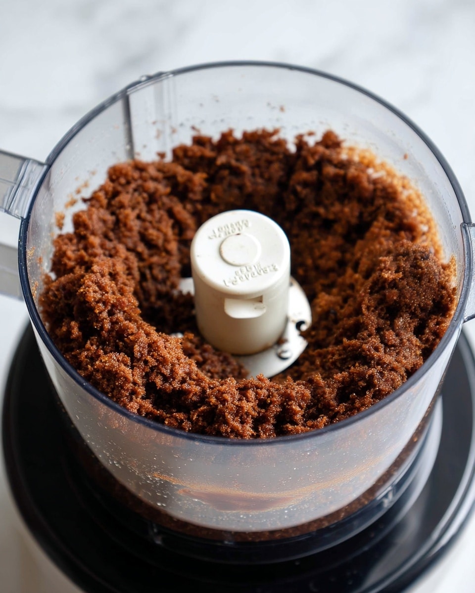 A close-up view of a food processor bowl filled halfway with a coarse, crumbly mixture that is dark brown in color, resembling ground nuts or dates. The mixture clings to the clear sides of the plastic bowl, which sits on a black base. The food processor has a central white plastic blade holder in the middle around which the mixture is distributed unevenly with some stuck to the bowl's side. The background is a white marbled surface. photo taken with an iphone --ar 4:5 --v 7