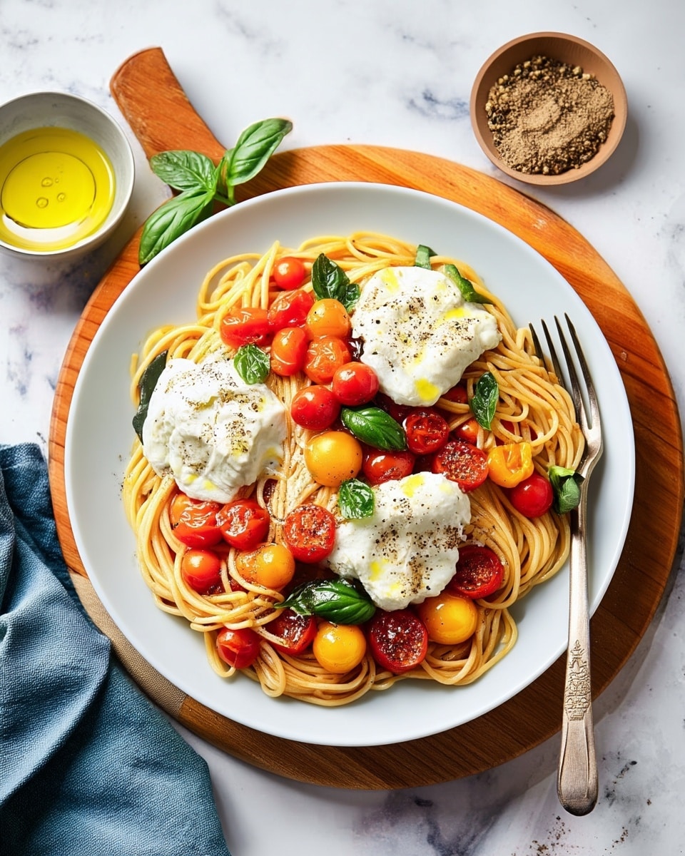 The dish shows a plate of spaghetti arranged in loose swirls, topped with a mix of roasted yellow and red cherry tomatoes that add bright red and orange pops of color. Scattered fresh green basil leaves create a fresh contrast on the pasta. On top of the spaghetti, there are three dollops of white creamy cheese, each sprinkled with black pepper. The plate is white and sits on a round wooden board, set on a white marbled surface. A metal fork and knife rest next to the plate, and a blue cloth lies nearby. In the background, there is a small bowl of extra cheese drizzled with olive oil and a small bowl of ground black pepper, all placed on the same white marbled texture. photo taken with an iphone --ar 4:5 --v 7