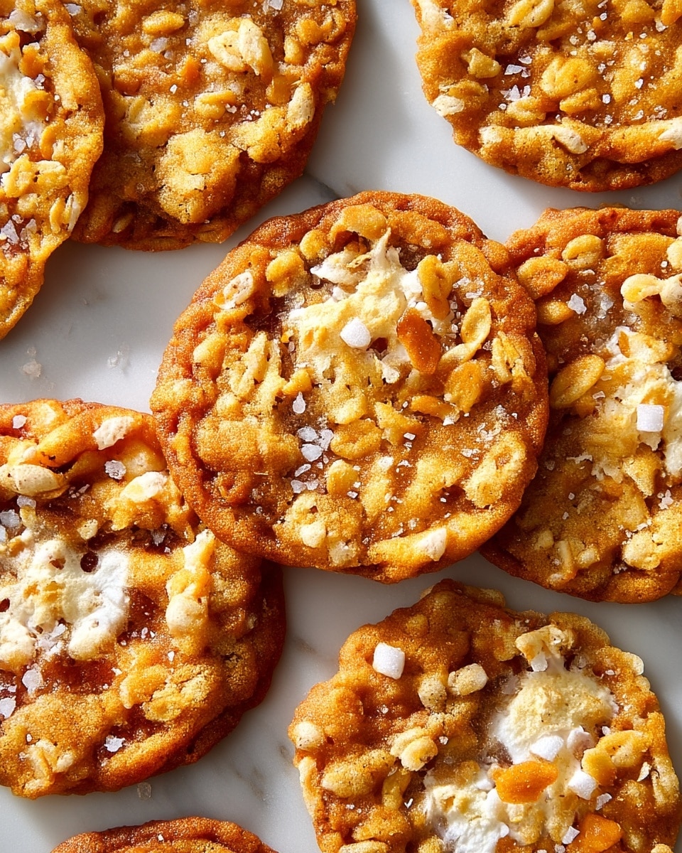 The image shows a close-up of several golden brown, round cookies with a slightly rough texture and small white patches of melted butter on top. The cookies have an uneven surface with some visible sugar crystals and a crispy look. They are placed on a white parchment sheet lying on a white marbled surface. The center cookie is the main focus, showing detailed texture and tiny salt flakes on it. Photo taken with an iphone --ar 4:5 --v 7