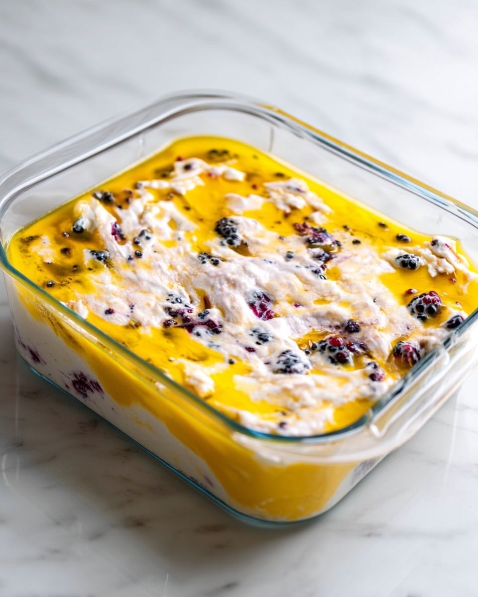 A clear glass rectangular dish is filled with a dessert that has two main layers visible on the top: a bright yellow smooth layer, likely custard or sauce, covering the base, and a creamy white textured layer with small chunks evenly spread across the surface. Scattered within the white layer are dark purple blackberries adding contrast to the bright and creamy colors. The dish sits on a white marbled surface, giving a clean, light background that highlights the colors of the dessert. Photo taken with an iphone --ar 4:5 --v 7