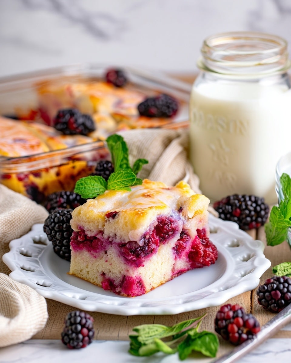 A thick square piece of berry cake sits on a white plate with ornate edges, showing a soft yellow top layer with light browning and a shiny glaze. The middle layer is full of bright red and dark purple blackberries, bleeding slightly into the cake. Around the plate are fresh blackberries and green mint leaves, adding contrast. Behind the cake is a clear glass baking dish containing the rest of the berry cake with more blackberries on top. To the side, there is a glass jar filled with white milk, all placed on a light wooden surface with a beige cloth next to it. The background is a white marbled texture. Photo taken with an iphone --ar 4:5 --v 7