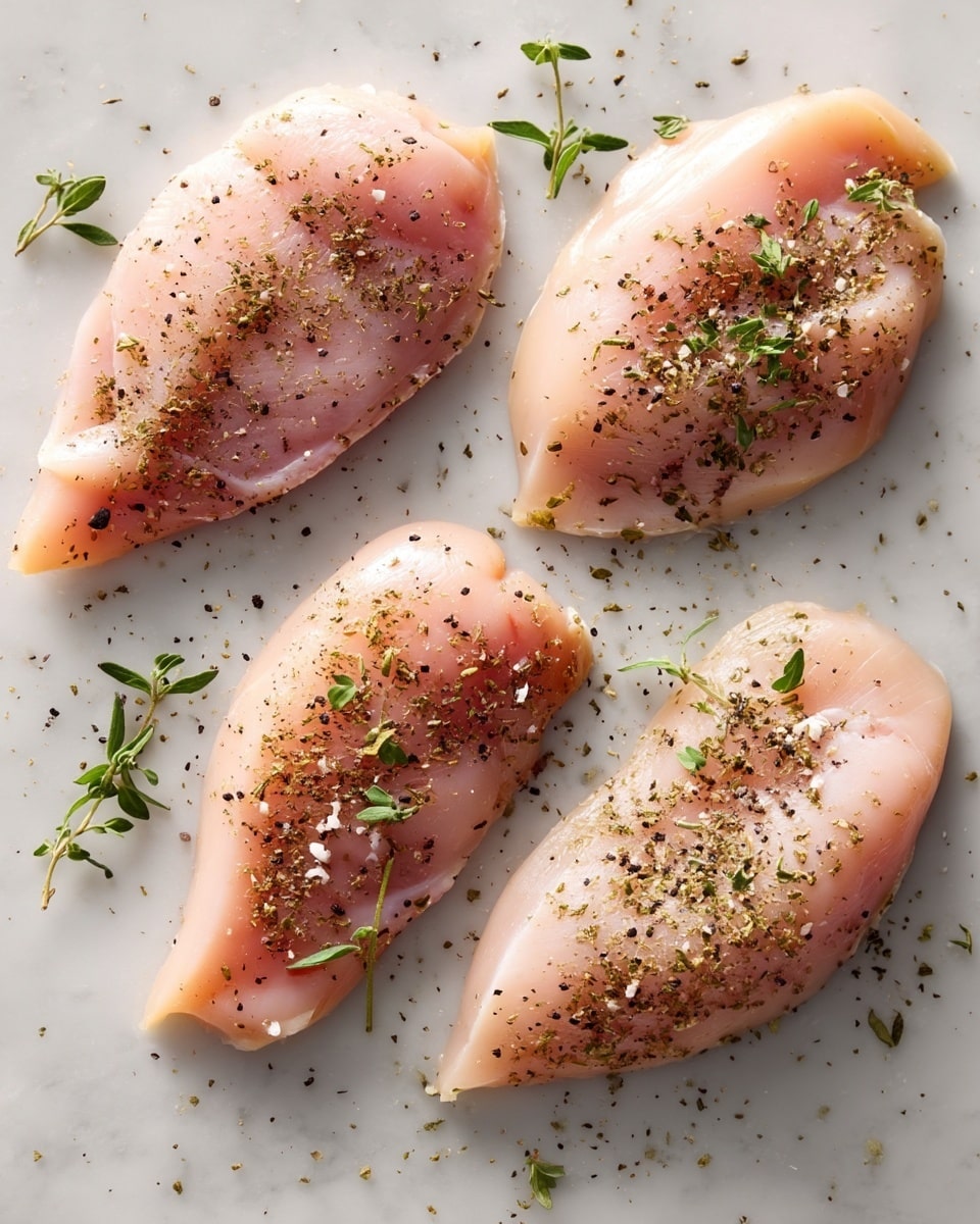 Four raw chicken meat pieces are spread out on a light-colored cutting board with a smooth, matte surface. Each piece is light pink with a soft texture and is covered with a sprinkling of black pepper and dried green herbs, giving a contrast of dark specks and light green against the pale meat. The pieces are arranged with two on the top and two on the bottom, spaced evenly. The white marbled texture of the surface creates a clean and bright background. photo taken with an iphone --ar 4:5 --v 7