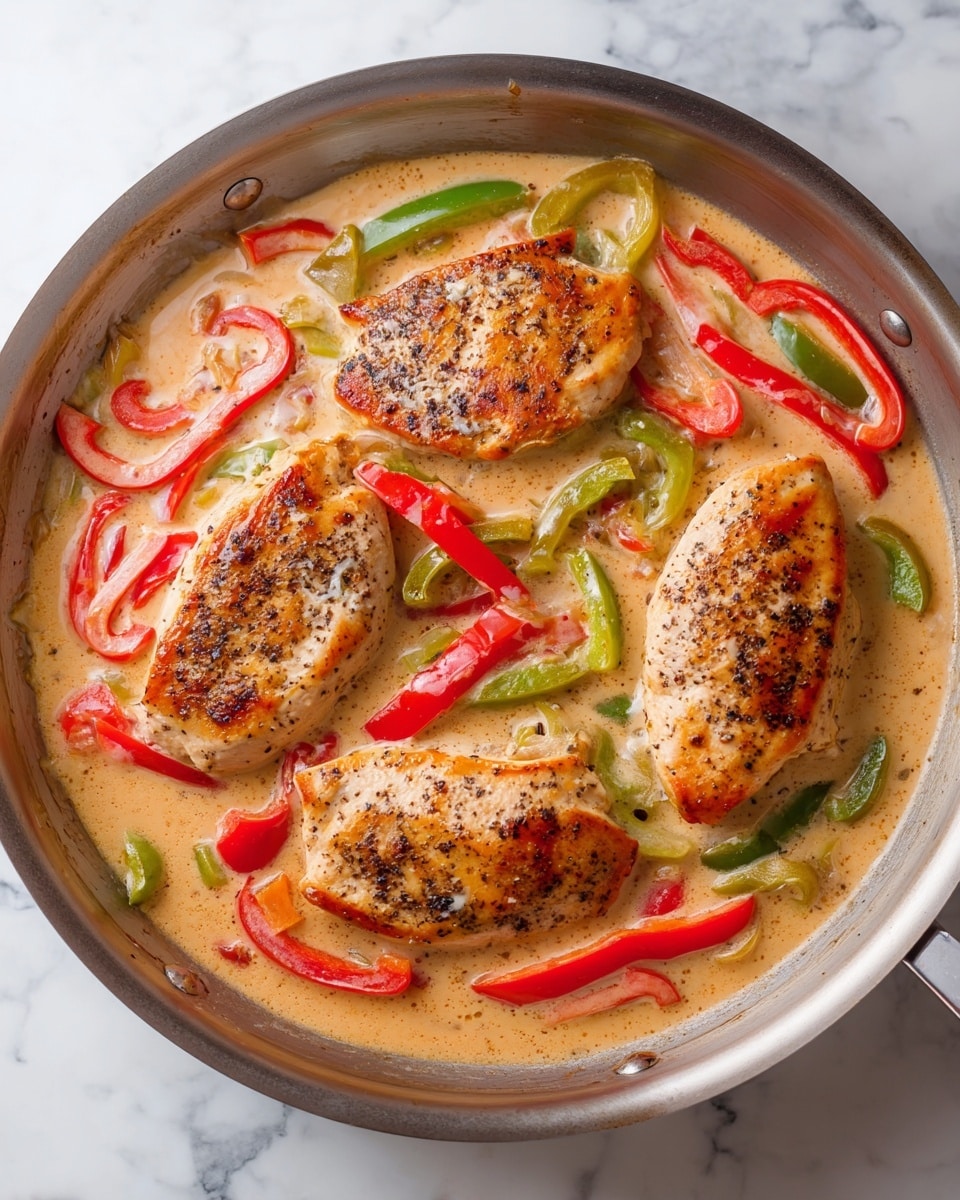 The image shows four cooked chicken pieces with a light golden-brown color and visible black pepper seasoning on top. They sit in a light beige creamy sauce filled with sliced red bell peppers and green pepper rings, all inside a metal pan. The sauce looks smooth and thick, covering the base of the pan, with the colorful peppers scattered evenly between the chicken pieces. The pan is placed on a white marbled surface. photo taken with an iphone --ar 4:5 --v 7