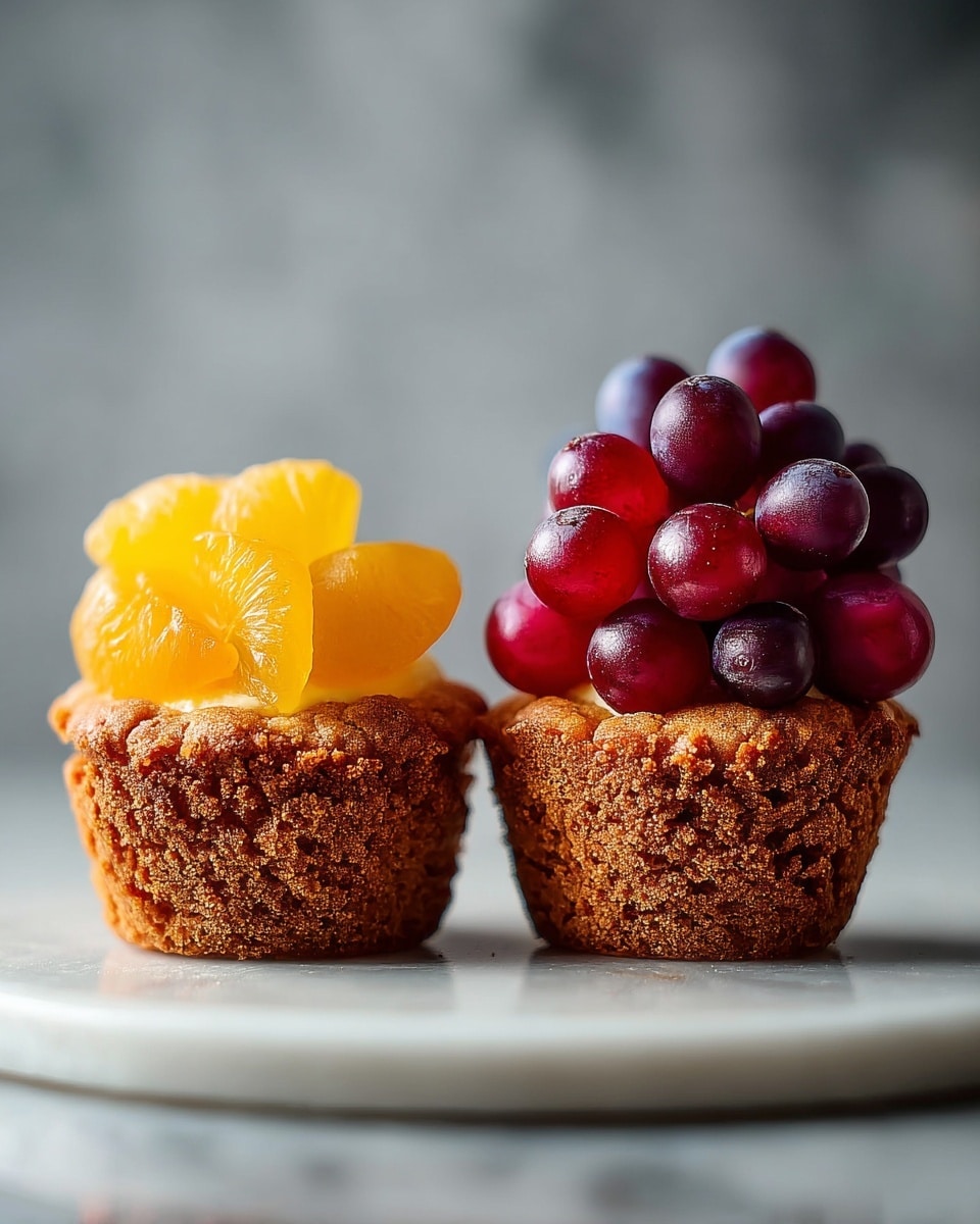 The image shows two small brown muffins placed side by side on a white marbled surface. The muffin on the right has two layers of fruit on top: the bottom layer is a group of shiny, red grapes, and above them lies a small bunch of dark purple grapes. The muffin on the left has a single, large piece of bright yellow fruit or dried fruit placed on its top. Both muffins have a rough, crumbly texture, and the background is softly blurred gray. photo taken with an iphone --ar 4:5 --v 7