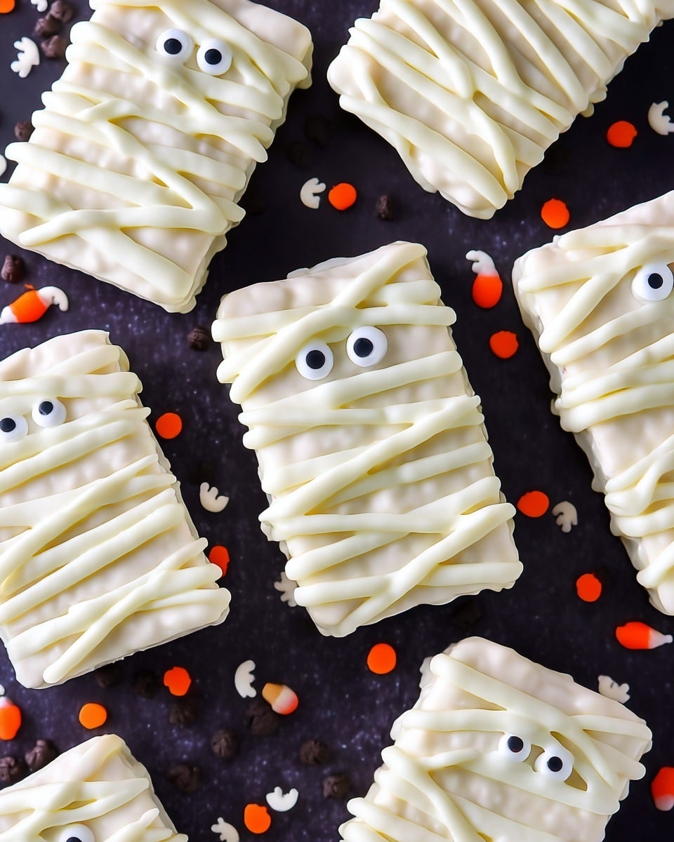 The image shows several rectangular treats that look like mummy shapes, placed randomly on a dark background with small ghost and pumpkin shaped sprinkles scattered around. Each treat has a smooth base layer of white frosting or coating, covered with crisscrossing thin strips of the same white frosting to look like wrapped bandages. On the top part of each treat, two small white candy eyes with black pupils are set close together, giving a cute and spooky look. The whole scene is brightly lit, showing the smooth texture of the frosting and the tiny details of the sprinkles. photo taken with an iphone --ar 4:5 --v 7