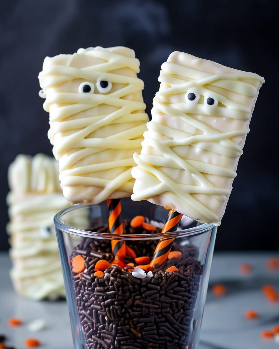 The image shows rectangular rice crispy treats covered fully in smooth white chocolate, stacked with one treat standing upright in front. Each treat is decorated with thin white chocolate lines crossed over it to create a mummy-like wrapping effect, and the treat in front has two small black and white candy eyes peeking out. The background features more treats stacked, and the surface is black with scattered small candy sprinkles in orange, white, and black colors. The overall look is clean and festive with a Halloween theme. photo taken with an iphone --ar 4:5 --v 7