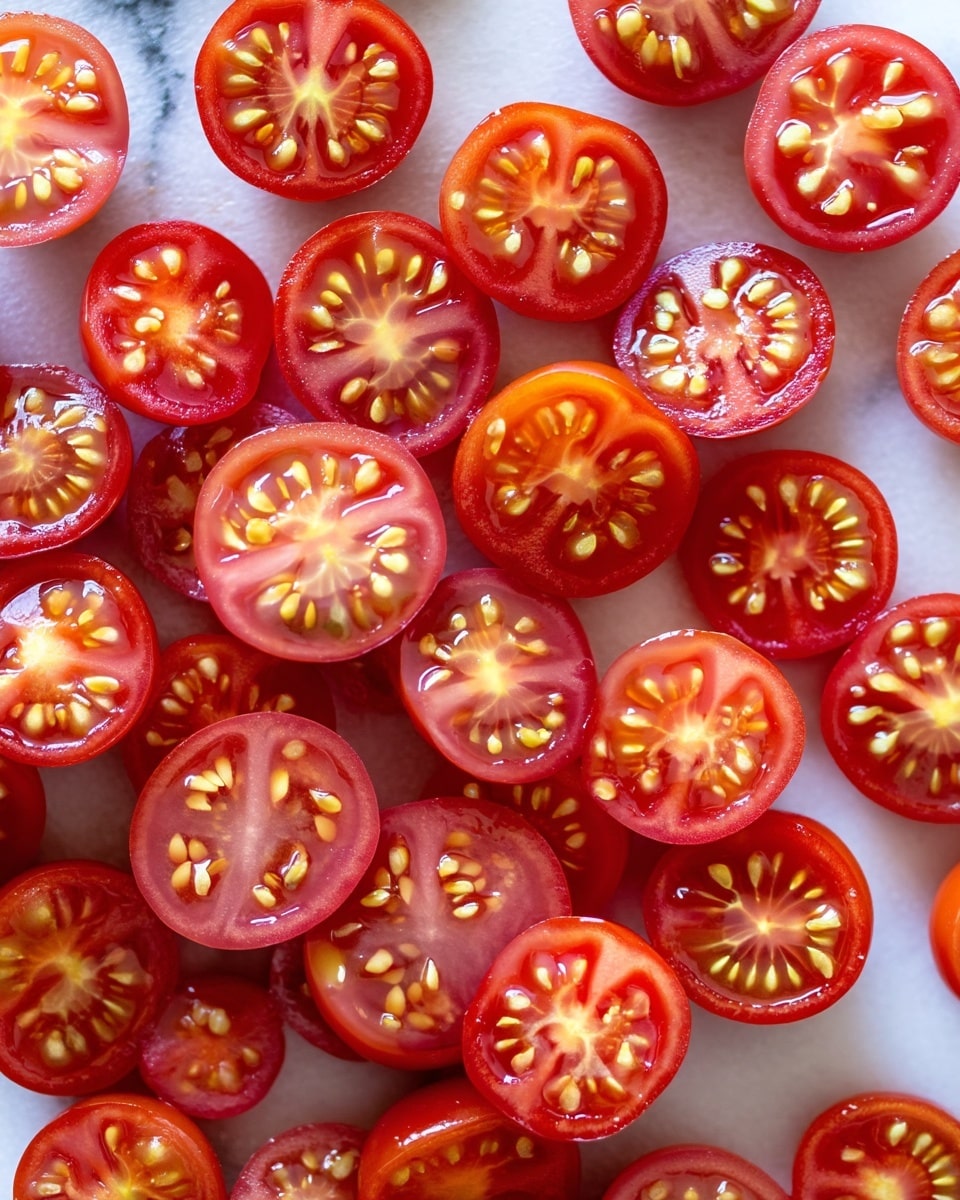 Close-up view of many halved cherry tomatoes spread out, showing bright red skin and light yellow seeds with a glossy, fresh texture. The tomatoes are layered closely together on a white marbled surface, with each half revealing a juicy interior that has a slightly translucent flesh and visible seed patterns. Photo taken with an iphone --ar 4:5 --v 7