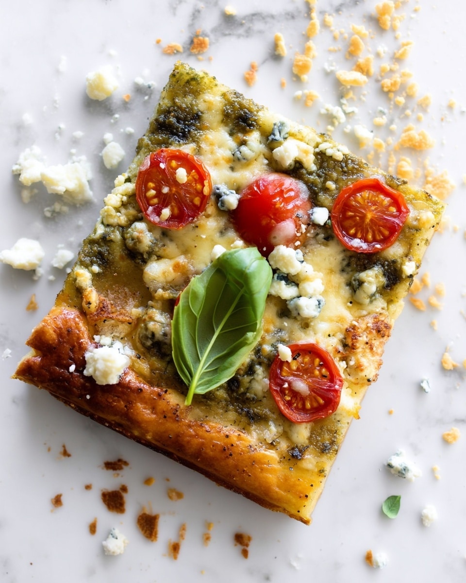 A square slice of pizza is shown on a white marbled surface. The base layer is a golden-brown crispy crust with a slightly darker brown edge. On top of the crust is a greenish pesto sauce spread unevenly, covered with creamy melted cheese that is light yellow and bubbling. Scattered on the cheese are small red cherry tomato halves, adding bright red color and some juice spots. There are also small crumbles of white cheese sprinkled lightly over the pizza and around it on the surface. On top near the center is a small bunch of fresh green basil leaves. Crumbs and cheese pieces are scattered around the slice on the white marbled surface. photo taken with an iphone --ar 4:5 --v 7