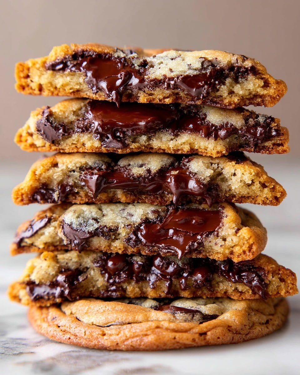 The image shows five round chocolate chip cookies placed closely together on a white marbled surface. Each cookie has a golden brown outer edge with a slightly lighter tan center, featuring large irregular dark chocolate chunks embedded on the top surface. Some chunks appear melted and shiny while others keep their chunky shape. The cookies have a slightly cracked texture with small flakes of coarse sea salt sprinkled over them, giving a subtle contrast to the smooth chocolate and dough. The overall look is warm, fresh-baked, and slightly rustic. photo taken with an iphone --ar 4:5 --v 7