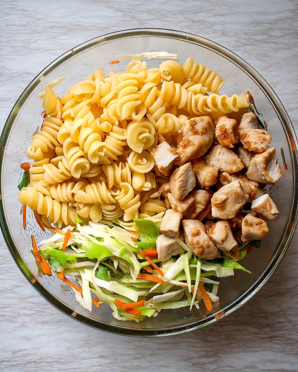 A clear glass bowl holds three separate layers of food arranged side by side: on the left, a large portion of pale yellow spiral pasta with a smooth texture; in the middle, medium-sized, lightly browned chunks of cooked chicken with a slightly rough surface; on the right, a mix of thinly sliced fresh green and white cabbage with fine strips of orange carrot, showing a crunchy texture. The bowl is set on a wood-like surface replaced by white marbled texture. photo taken with an iphone --ar 4:5 --v 7