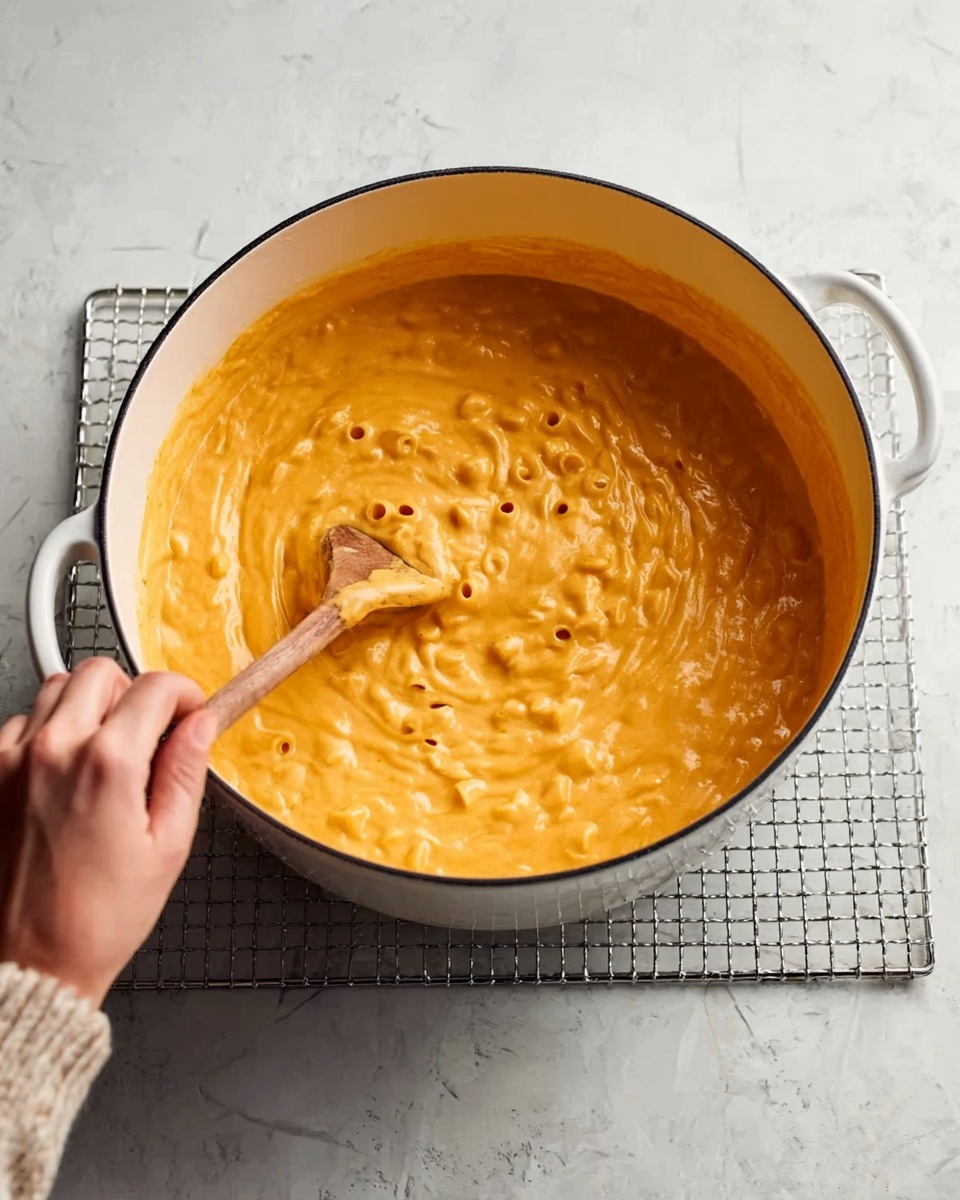 A large white pot filled with thick, creamy orange pasta sauce with visible small pasta pieces being stirred by a woman's hand holding a wooden spoon. The pot is placed on a silver wire cooling rack, sitting on a white marbled surface. The sauce looks rich and smooth with a slightly chunky texture throughout. Photo taken with an iphone --ar 4:5 --v 7