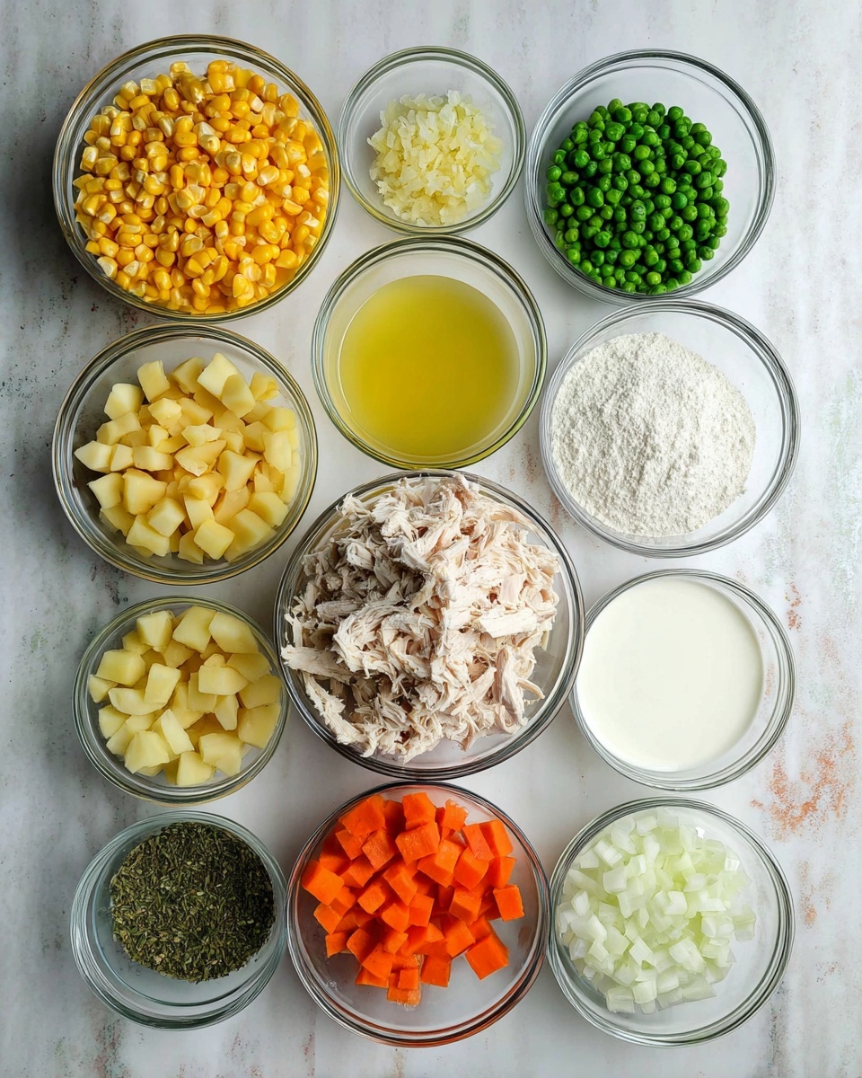 A top view of eleven clear glass bowls placed on a white marbled surface, each containing different ingredients for cooking. Starting from the top left, a bowl filled with yellow corn kernels, next to it on the right is a small bowl with chopped garlic. Below the garlic bowl is another with finely chopped green herbs. In the middle row, from left to right, a bowl with green peas, a bowl with white flour, and a large bowl with a yellow liquid broth. Below those, a large bowl containing shredded pale beige chicken is in the center. Next to the shredded chicken on the right is a bowl of diced orange carrots. Below that are two bowls; one with pale yellow cubed potatoes on the left and a bowl with chopped white onions on the right. In the bottom left corner is a small bowl with green dried herbs, and next to it is a bowl with white cream. This neat arrangement highlights the varied colors and textures of the ingredients. photo taken with an iphone --ar 4:5 --v 7