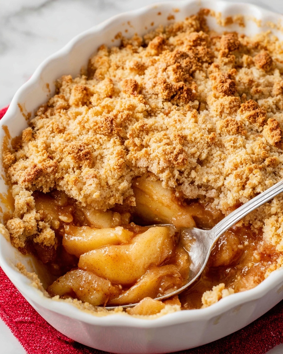 A close-up of a white baking dish filled with apple crumble showing two layers: the bottom layer consists of soft, glossy, light brown apple chunks with a syrupy texture, and the top layer is a thick, crumbly crust with golden-brown and light tan colors, uneven and rough in texture. Part of the crumble is scooped out with a silver spoon resting inside the dish. The dish sits on a white marbled surface with a red cloth partially visible underneath. Photo taken with an iphone --ar 4:5 --v 7