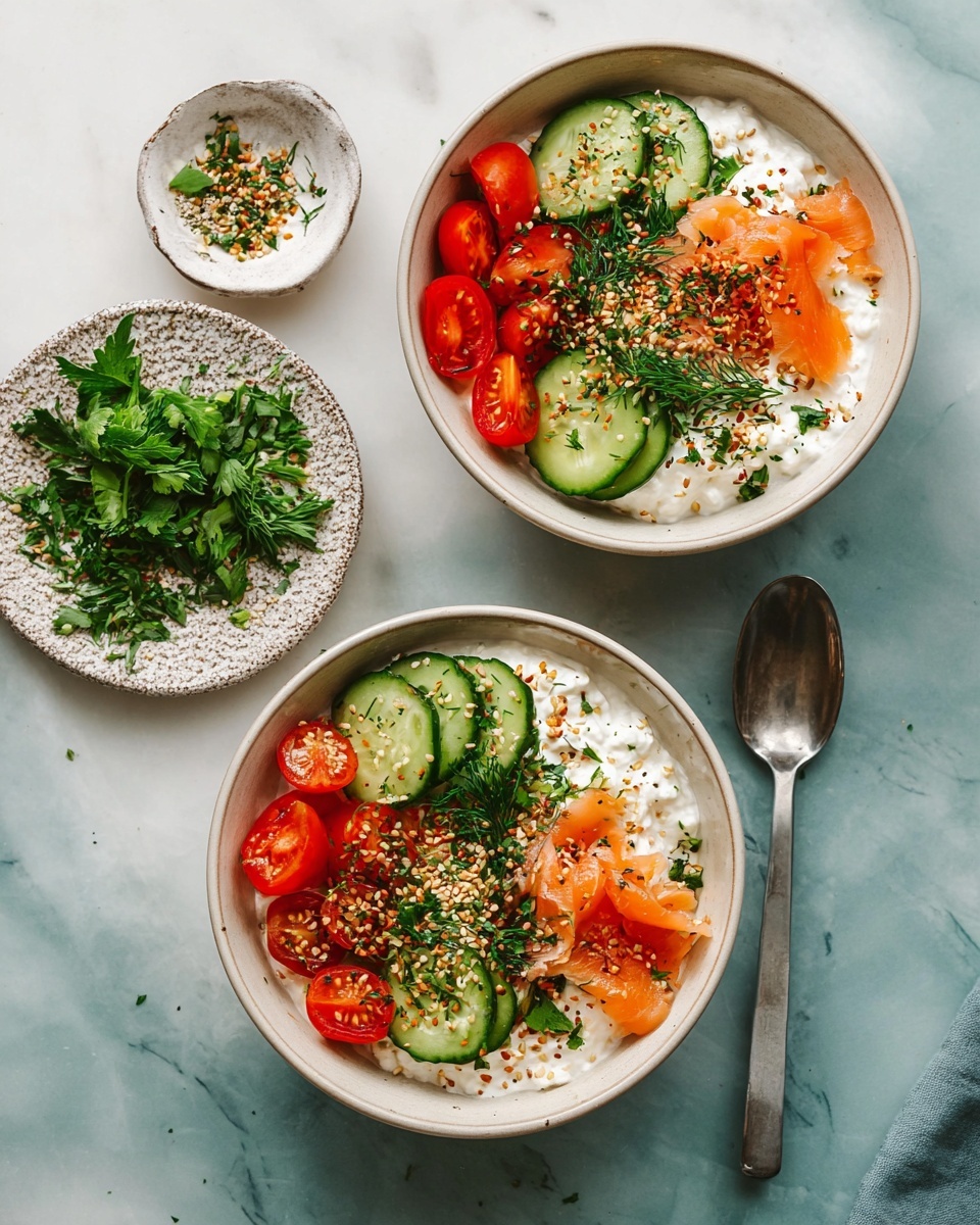 Two white bowls are filled with a base layer of creamy white cottage cheese. On top, there are slices of fresh green cucumber arranged on one side, bright red cherry tomatoes on the other side, and thin orange slices of smoked salmon placed in the middle. The dish is garnished with finely chopped green herbs and sprinkled with a mixed seasoning of seeds and spices, adding texture and color on top. Around the bowls, a small white marbled surface holds a small textured plate with fresh green herbs and a tiny white bowl with more seasoning. A silver spoon lies in the corner. The background is a white marbled texture. Photo taken with an iphone --ar 4:5 --v 7