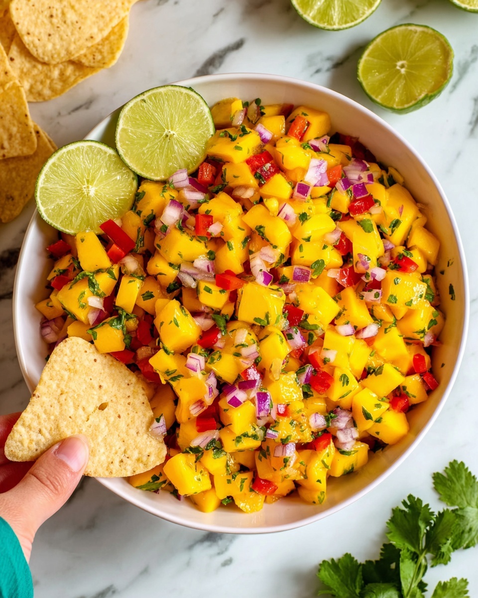 A white bowl filled with three layers of diced ingredients: bright yellow mango chunks, scattered pieces of red bell pepper, and small squares of purple onion, all mixed evenly and topped with green chopped herbs. Two thin, round slices of lime rest on top near the edge of the bowl. At the bottom left corner, a woman's hand wearing a green long sleeve holds a round tortilla chip, dipping it into the colorful mix. The background is a white marbled surface with lime slices and cilantro leaves around the bowl. photo taken with an iphone --ar 4:5 --v 7