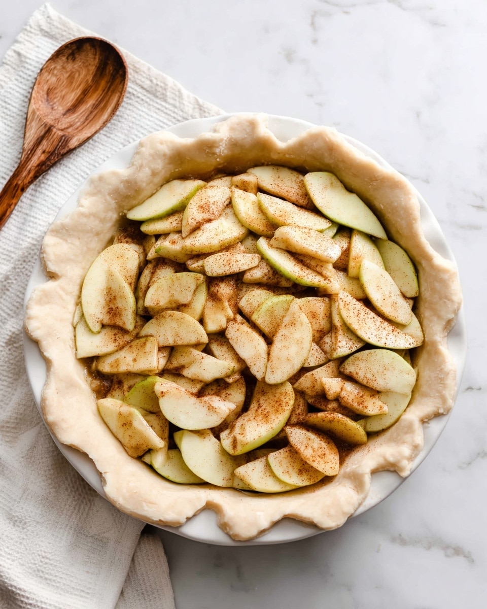 The image shows an unbaked apple pie in a white pie dish placed on a white marbled surface. The pie has a single thick layer of sliced apple pieces, light green with touches of brown cinnamon sugar sprinkled unevenly on top. The apple slices are arranged close together in the center, filling the whole dish, with the pie crust edges thick, pale beige, and extending slightly over the rim, rough and uneven in texture. A wooden spoon and a white cloth napkin are placed to the left on the white marbled surface. Photo taken with an iphone --ar 4:5 --v 7
