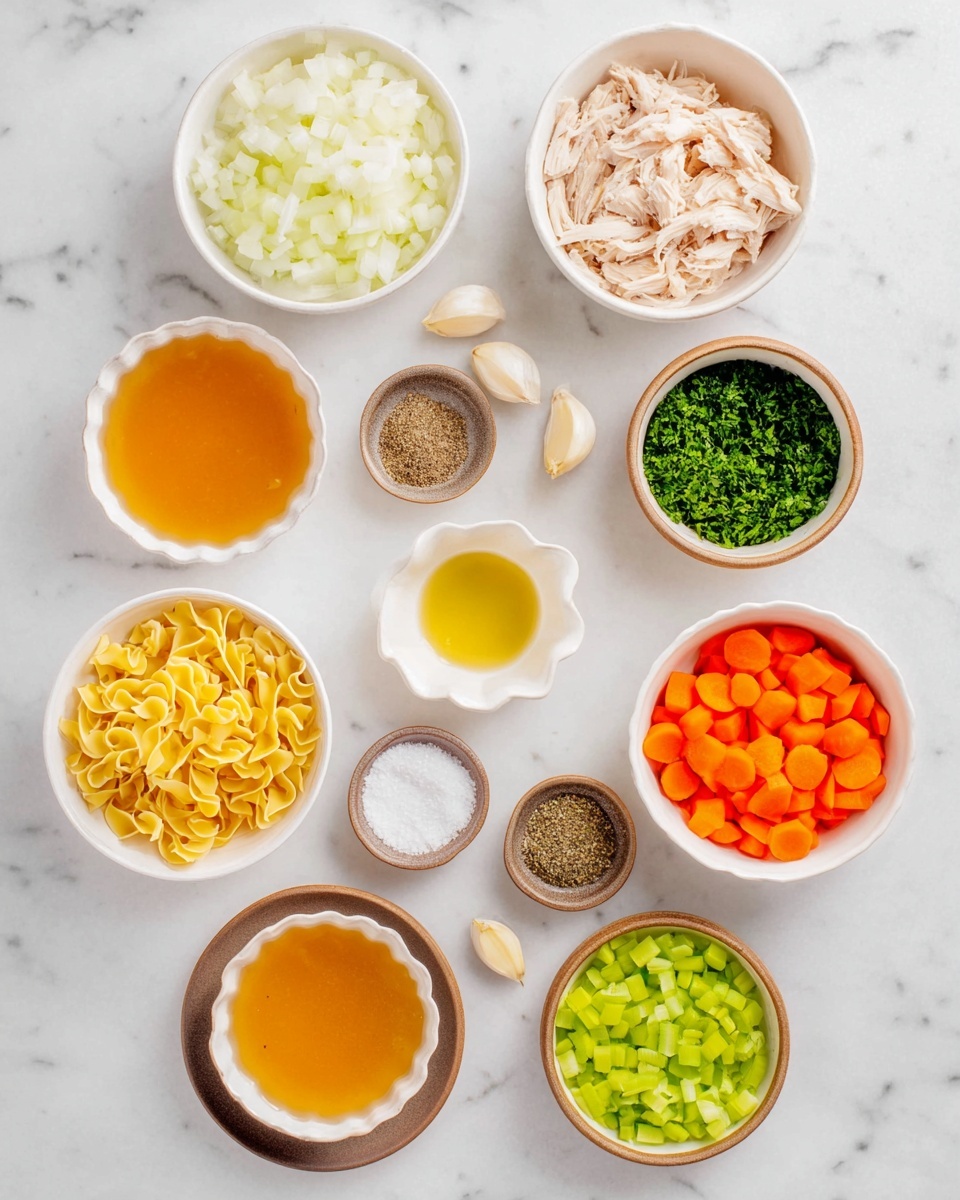 Nine small white bowls and two brown plates are arranged on a white marbled surface. Starting from the top and moving clockwise, there is one bowl filled with chopped white onions, another with light pink shredded chicken, a bowl with orange broth, a bowl with green chopped herbs, a bowl with clear golden oil, a bowl with yellow egg noodles, a bowl with bright orange sliced carrots, and a bowl with light green chopped celery. There are also two garlic cloves placed on the surface near the carrot bowl. The two brown plates hold dry spices including black pepper, dried herbs, and salt spread neatly in small piles. One white empty scalloped bowl is positioned in the center. The photo taken with an iphone --ar 4:5 --v 7