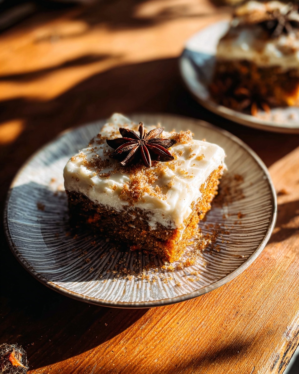 A single square piece of carrot cake with one thick layer of light brown, moist cake at the bottom and a thick, creamy white frosting layer on top, decorated with a sprinkle of brown sugar or spice crumbs and a star anise placed at the center. The cake sits on a white plate with a circular pattern, and the plate is on a wooden surface with warm sunlight casting shadows. Another piece of cake is partially visible in the background on a similar white plate. photo taken with an iphone --ar 4:5 --v 7