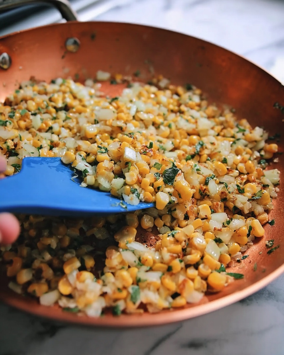 A close-up view of a copper-colored pan filled with small pieces of cooked corn mixed with green herbs. The corn pieces look soft and a little golden, with some white and yellow color. A blue silicone spatula is scooping the corn, held by a woman's hand. The background has a white marbled surface. photo taken with an iphone --ar 4:5 --v 7