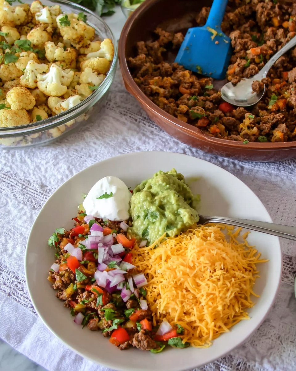 A white plate on a white marbled surface holds a colorful layered dish. The bottom layer is a mix of cooked ground meat with small red and green bell pepper pieces and chopped cilantro, giving a brown and green speckled look. On top of this is a dollop of white sour cream on the left side, next to green guacamole. The right side has a pile of finely shredded yellow cheese. The front layer shows some diced purple onion and small cherry tomato halves scattered over the meat layer. Next to the plate is a brown ceramic pan with cooked diced cauliflower mixed with herbs, and a blue spatula inside it. Behind the plate is a clear glass bowl filled with more cooked meat and a spoon. The scene has a casual, home-cooked feel. Photo taken with an iphone --ar 4:5 --v 7