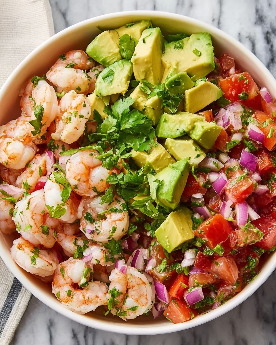 The image shows a white bowl filled with a colorful shrimp salad placed on a white marbled surface. The salad has three clear layers: the bottom layer is made of red diced tomatoes mixed with finely chopped onions. On top of that are medium-sized shrimp scattered evenly, light pink with a slight shine. The top layer is chunks of green avocado along with fresh cilantro leaves spread across the dish. The textures vary from soft avocados to firm shrimp and juicy tomatoes, creating a fresh and vibrant look. Around the bowl, there are tortilla chips in a white bowl and a small white bowl with olive oil and coarse salt visible. Photo taken with an iphone --ar 4:5 --v 7