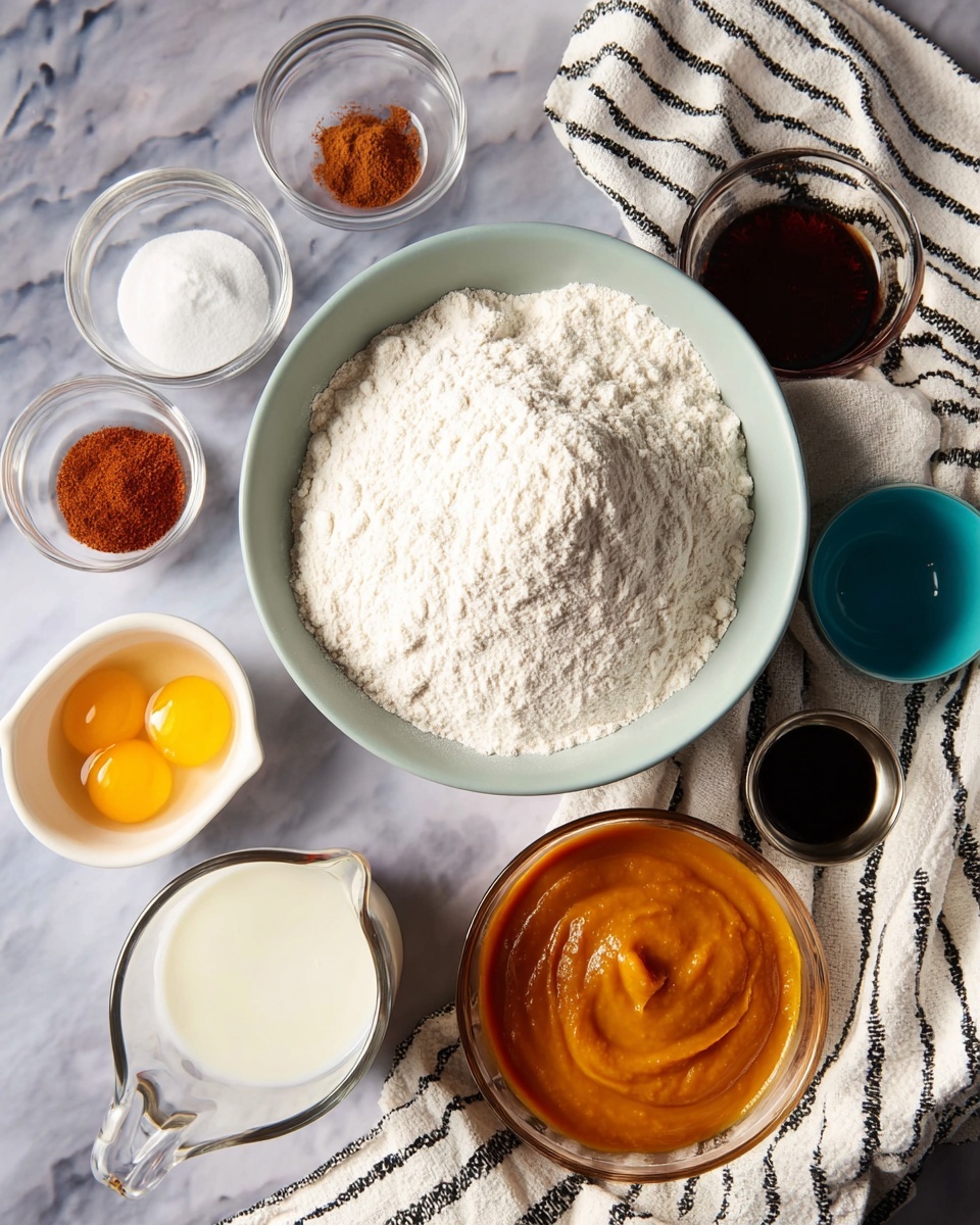 A large white bowl filled with a mound of white flour sits in the center on a white marbled surface. Surrounding the bowl are several small glass bowls containing white salt, white baking powder, white baking soda, and a reddish-brown spice, arranged to the upper left. A white ramekin with two raw eggs with yellow yolks is positioned at the bottom left. Below the bowl is a glass measuring cup filled with milk. To the right of the bowl is a large glass bowl filled with smooth orange puree, placed on a crumpled white and black striped cloth. Nearby are small containers holding dark liquid ingredients, one being a small silver cup and another a glass cup, plus a small turquoise bowl with a dark liquid. Photo taken with an iphone --ar 4:5 --v 7