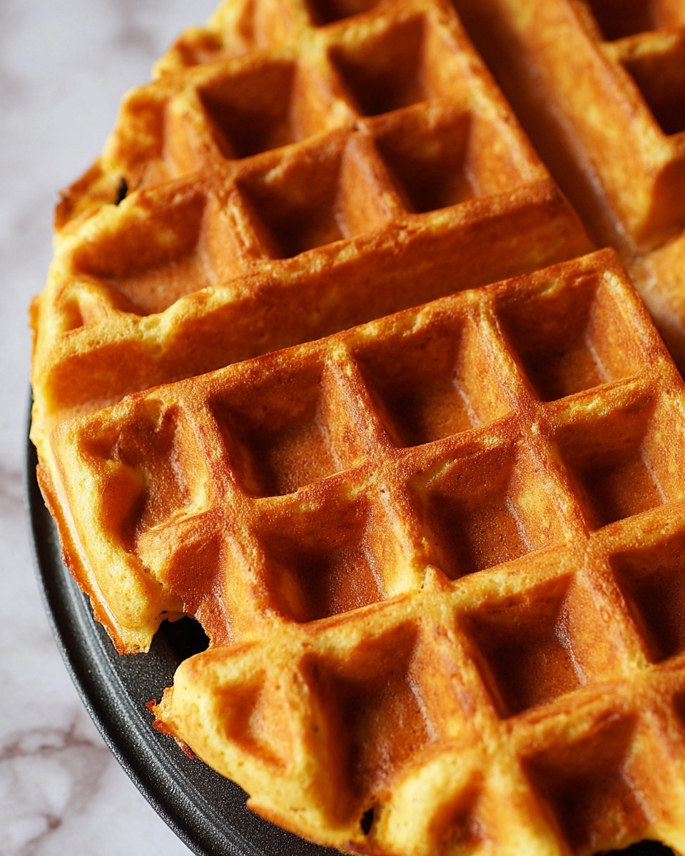 A close-up view of a golden brown waffle with a slightly crispy edge showing a grid pattern with deep square pockets. The waffle is divided into four large sections, each with evenly cooked textured ridges and soft inside. The bottom part touches a black waffle iron surface that contrasts with the white marbled background. The light highlights the warm, inviting color and airy texture of the waffle. Photo taken with an iphone --ar 4:5 --v 7