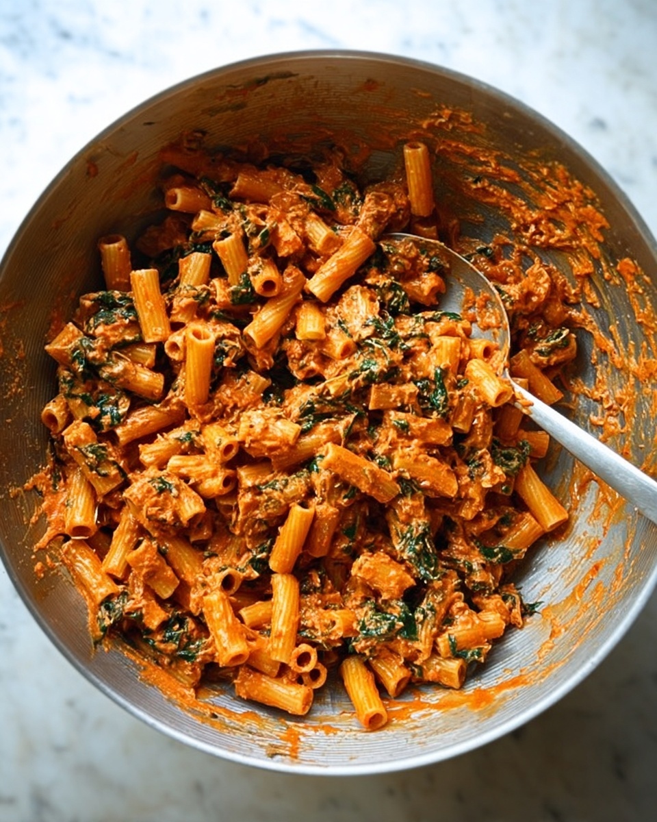 A large metal bowl filled with a mixed pasta dish, showing short tube-shaped pasta coated in a thick orange-red sauce. There are visible green leafy pieces mixed throughout, likely spinach, and small chunks of light-colored protein scattered evenly. A metal spoon rests on the right side inside the bowl, which sits on a white marbled surface. The sauce appears creamy and clings to the pasta, with some sauce smeared on the inner sides of the bowl. photo taken with an iphone --ar 4:5 --v 7
