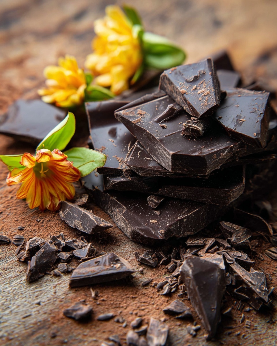The image shows a close-up of uneven pieces of dark chocolate scattered on a wooden surface with a rough texture. The chocolate pieces are dark brown and glossy with some smaller chocolate shards around them. On the top of the chocolate, there are three small yellow and orange flowers with green leaves, adding a soft and natural contrast to the dark chocolate. The background is blurred, keeping the focus on the chocolate and flowers. Photo taken with an iphone --ar 4:5 --v 7