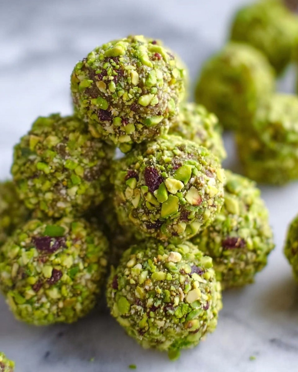 The image shows round treats covered in small chopped green nuts, arranged on white paper with faint brown stripes. There are scattered dark red dried berries placed around the treats on a white marbled surface. The texture of the treats looks firm and crunchy on the outside with a rough green coating. The view is close-up and evenly lit, showing the details of the nut coating and berries. photo taken with an iphone --ar 4:5 --v 7