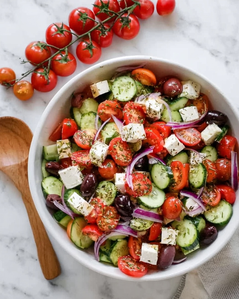 A white bowl filled with a fresh salad sits on a white marbled surface. The salad has many layers: the bottom is bright green cucumber slices, mixed with halved red cherry tomatoes. On top of this are chunks of white cheese and dark purple olive slices scattered evenly. Thin strips of red onion add a light purple touch, spread across the salad. There is a slight sprinkling of green herbs on the entire dish. A bunch of red cherry tomatoes on green vines lies nearby, and a wooden spoon rests beside the bowl, while a woman's hand slightly touches the edge of the bowl. photo taken with an iphone --ar 4:5 --v 7