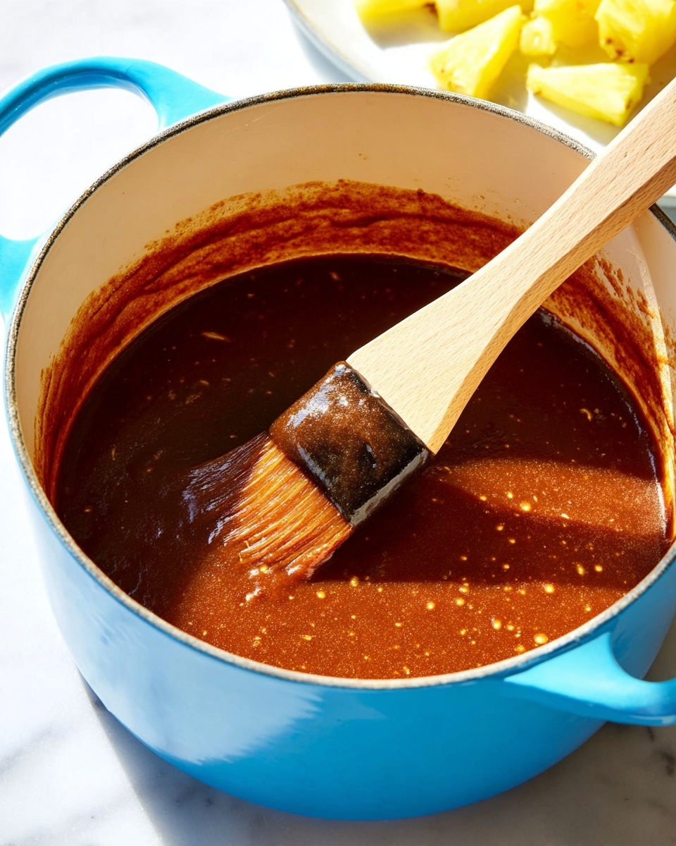 A bright blue pot with creamy white inside holds a thick, dark brown sauce with a smooth, slightly glossy texture and visible small bubbles. A light wooden-handled silicone brush with a black head rests inside the pot, coated with the sauce. The pot sits on a white marbled surface, and the background is softly lit with a bright area at the top showing pieces of yellow food, possibly pineapple. Photo taken with an iphone --ar 4:5 --v 7