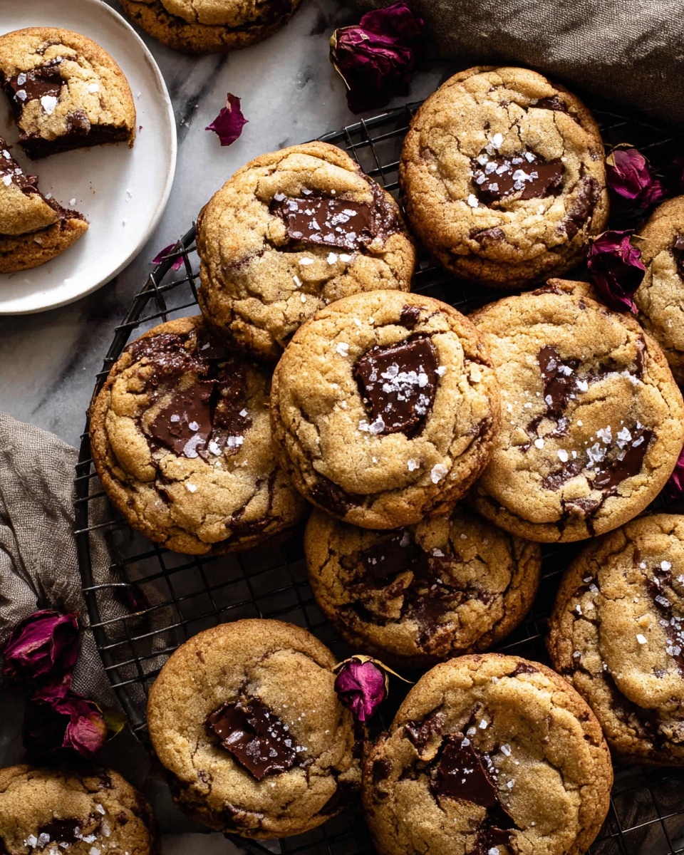 This image shows many soft, round chocolate chip cookies arranged closely on a dark wire cooling rack placed on a white marbled surface. The cookies are golden brown with cracks on their surface, and melted dark chocolate chunks peek through each cookie, giving a shiny texture. Some cookies are topped with small flakes of white sea salt. There are some dried dark red roses mixed among the cookies, adding a rustic touch. In the upper left corner, a white plate holds a few more cookies. One cookie is broken, revealing a moist, rich chocolate center. The light creates soft shadows, highlighting the cookies' texture and chocolate gooeyness. Photo taken with an iphone --ar 4:5 --v 7