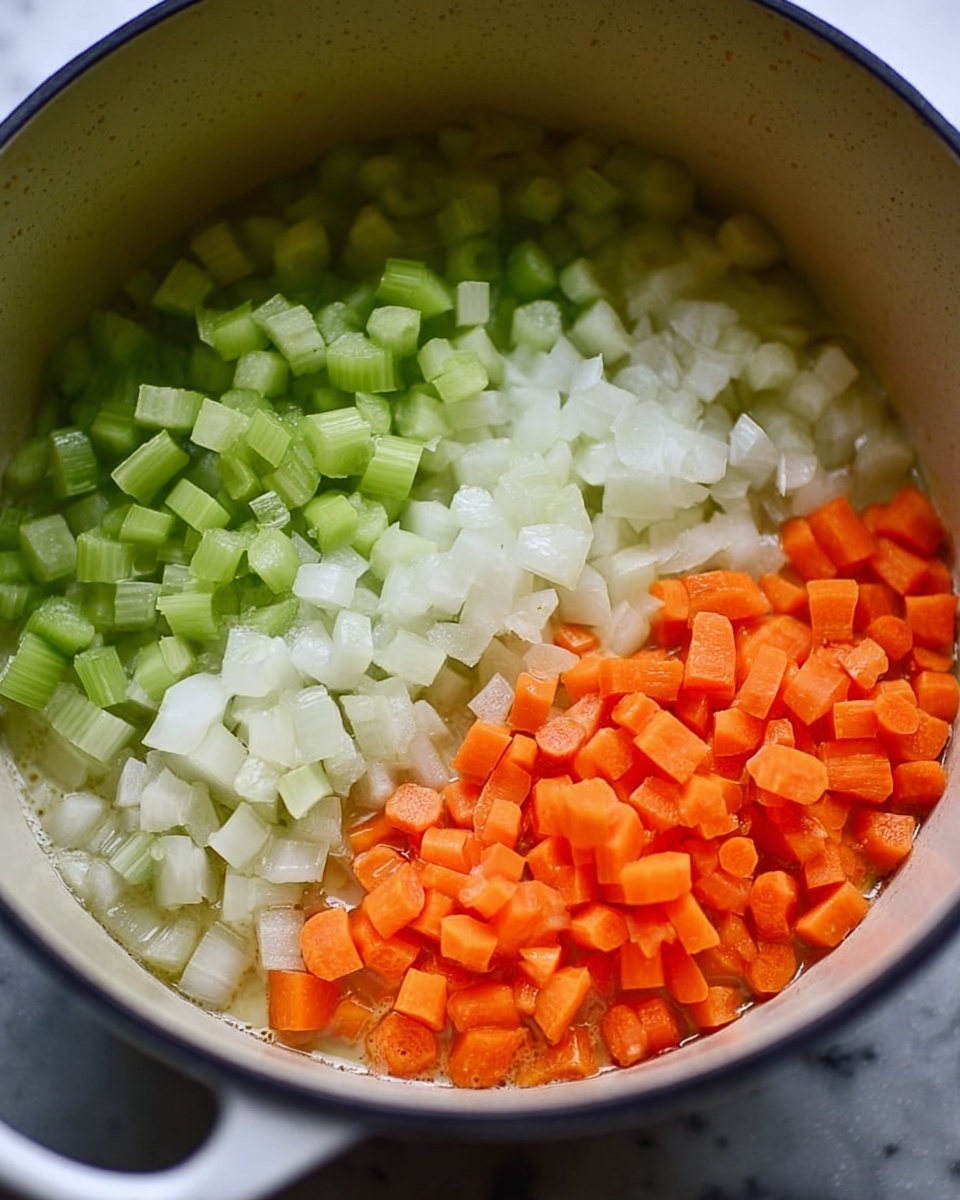 The image shows a close-up of a white pot with three distinct layers of small diced vegetables arranged side by side. On the left, there are small light green celery cubes, in the middle, white onion cubes, and on the right, small orange carrot cubes. The vegetables sit on a shiny layer of melted butter or oil, giving a slightly glossy texture. The background inside the pot is a smooth neutral light brown, with no other items visible, and the outer setting is replaced by a white marbled surface. photo taken with an iphone --ar 4:5 --v 7