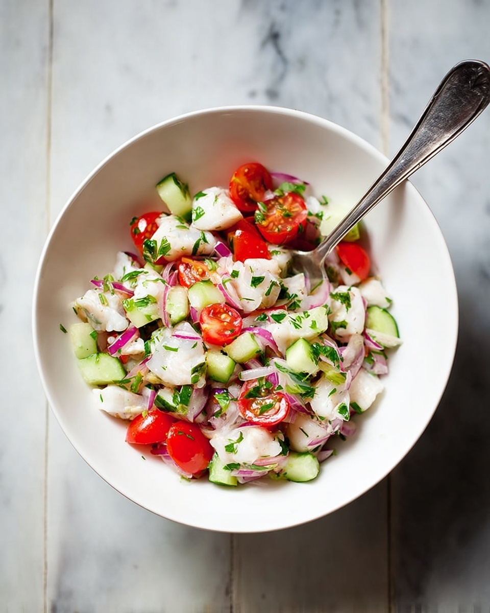 A white bowl holds a fresh salad made of three main layers: small white chunks of fish or seafood scattered evenly throughout, bright red halved cherry tomatoes sprinkled in between, and light green cucumber pieces cut into small chunks mixed evenly, all tossed with thin slices of purple-red onion and green herbs finely chopped and spread over the salad. A large silver spoon is placed just above the bowl, which sits on a white marbled surface. The salad looks fresh and colorful with a mix of soft and crisp textures, showing a bright and healthy dish, photo taken with an iphone --ar 4:5 --v 7