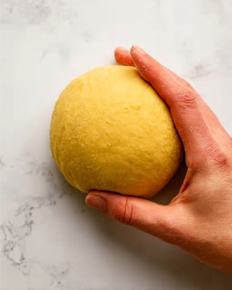 A woman's hand gently holds a smooth, round ball of yellow dough resting on a white marbled surface. The dough looks soft and slightly shiny with a consistent texture. The scene focuses closely on the dough and hand, with no other objects visible. photo taken with an iphone --ar 4:5 --v 7