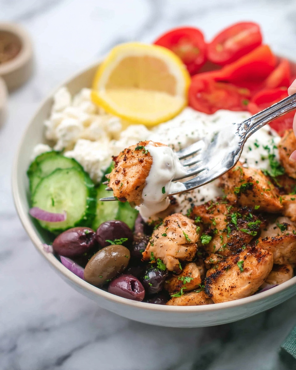 A white bowl on a white marbled surface holds a colorful dish with five main layers. At the bottom, there are small pieces of dark purple olives and some chopped fresh green cucumber. On top of this, there is a layer of golden brown cooked chicken chunks sprinkled with green herbs and black pepper. Alongside the chicken, there is a dollop of thick white sauce and a slice of yellow lemon. In the background, cut red tomatoes and white grainy cheese add more color. A silver fork held by a woman's hand picks up a piece of chicken. Photo taken with an iphone --ar 4:5 --v 7