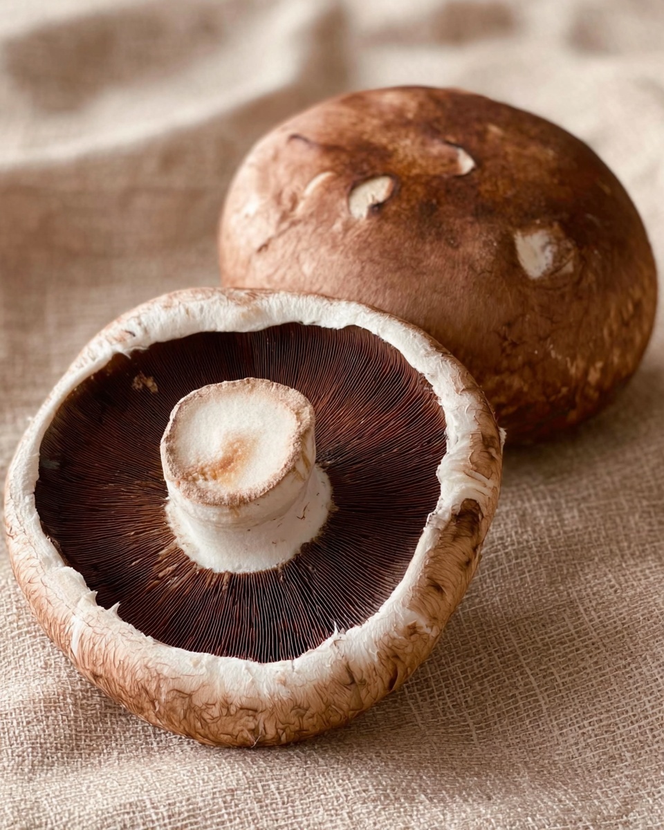 The image shows two large mushrooms placed on a beige cloth. One mushroom is shown from the top, displaying its smooth brown cap with a few small marks. The other mushroom is turned upside down, revealing dark brown gills underneath a white edge around the cap and the short thick stem in the middle. The background is a soft beige fabric with a woven texture. photo taken with an iphone --ar 4:5 --v 7