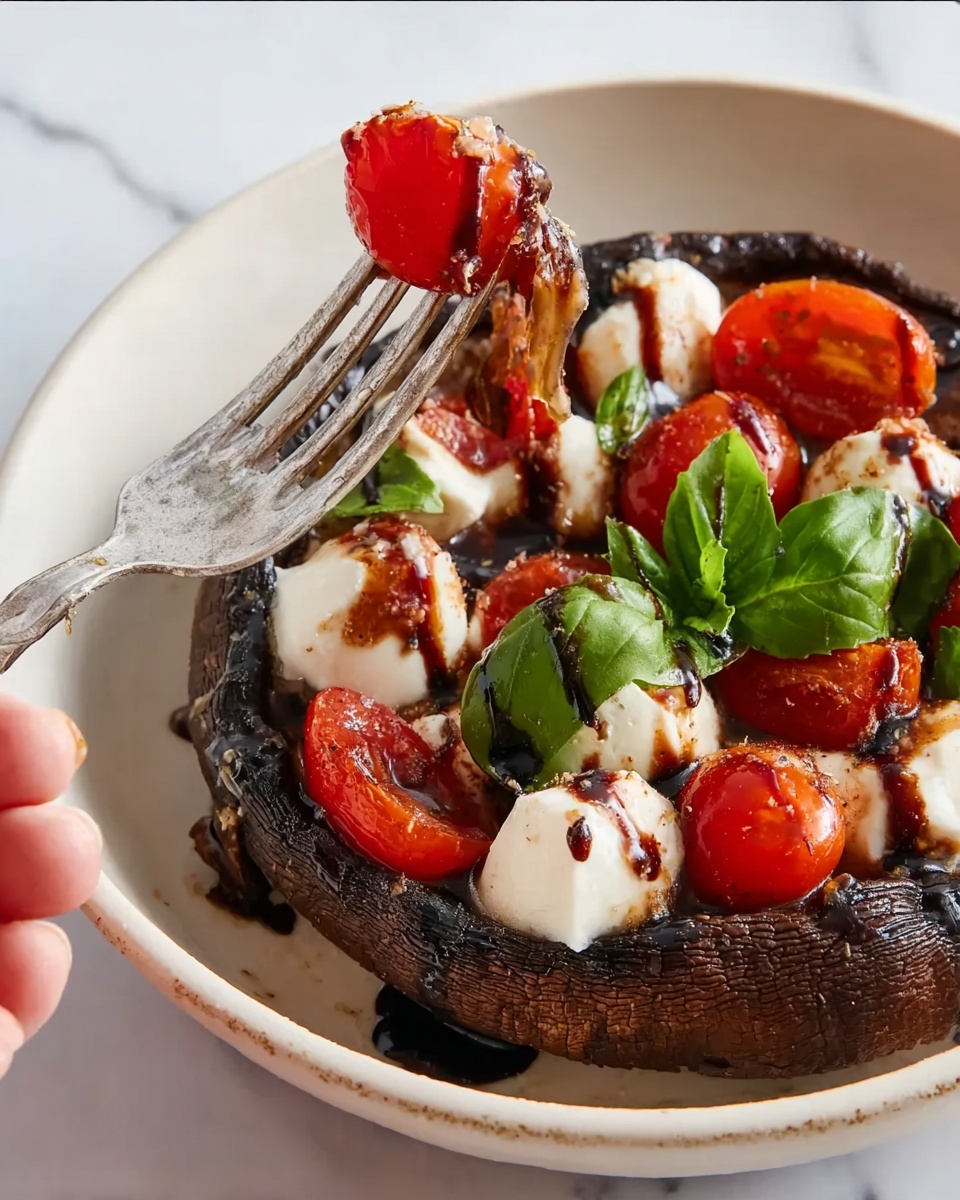 A white bowl contains a dark brown, grilled portobello mushroom cap as the bottom layer, topped with whole and halved red cherry tomatoes, bright green basil leaves, and chunks of white mozzarella cheese. The cheese has a light drizzle of dark balsamic glaze on top. A silver fork held by a woman's hand is pressing into the mushroom, adding texture to the dish. The bowl is set on a white marbled surface. photo taken with an iphone --ar 4:5 --v 7