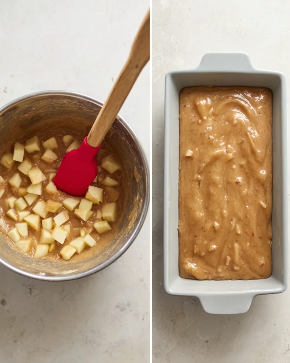 The left side shows a silver mixing bowl with thick, light brown batter inside, mixed with small cubes of peeled apple, stirred by a wooden spatula with a red silicone tip. The right side shows a white rectangular baking pan filled with the same light brown apple batter, which has a smooth but slightly uneven surface, with visible small apple chunks spread inside. Both are placed on a white marbled texture background. photo taken with an iphone --ar 4:5 --v 7