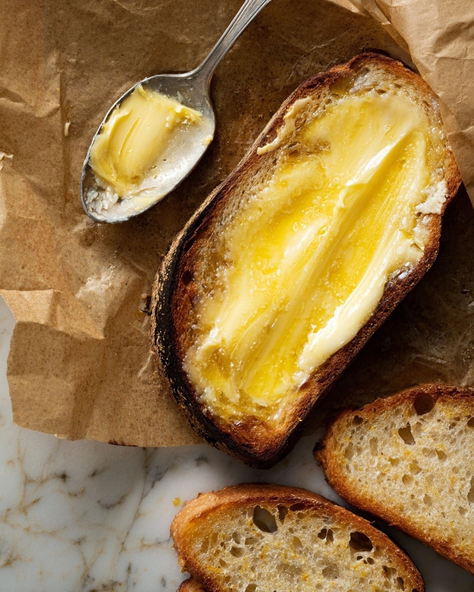 A piece of toasted bread with a dark brown crust and a light beige soft inside is covered with one thick layer of melted yellow butter spread unevenly on top, showing some shiny and creamy texture. Next to it, a silver spoon holds a dollop of the same melted butter, resting on wrinkled brown parchment paper with some grease stains. Below the main piece, two more toasted bread slices are partially visible, showing the porous texture and light browning on the crust and soft part. All is placed on a surface with a white marbled texture. Photo taken with an iphone --ar 4:5 --v 7