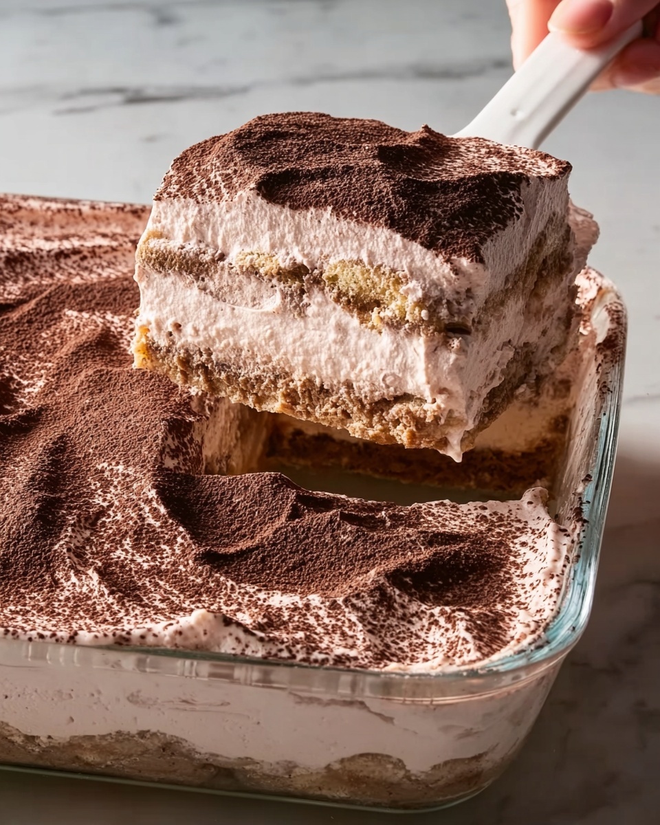 This image shows a square glass dish with a layered dessert. The dessert has three layers of light beige cake separated by two thick layers of light brown creamy filling. The top layer is covered with a dusting of fine dark brown cocoa powder, which spreads evenly to the edges. A woman's hand is holding a spatula lifting one square piece from the dish. The background is a white marbled texture. photo taken with an iphone --ar 4:5 --v 7