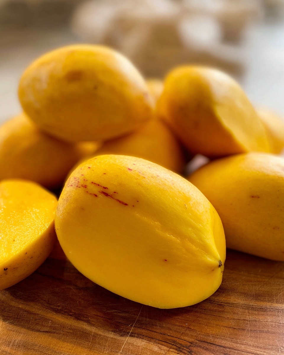 A close-up image of several peeled yellow mangoes arranged on a wooden surface. The mangoes have smooth, shiny skin with a few brown spots and small imperfections. One mango in the foreground is cut in half, showing its smooth, bright yellow flesh. The background is slightly blurred with hints of white and brown shapes, making the vibrant yellow mangoes stand out. photo taken with an iphone --ar 4:5 --v 7