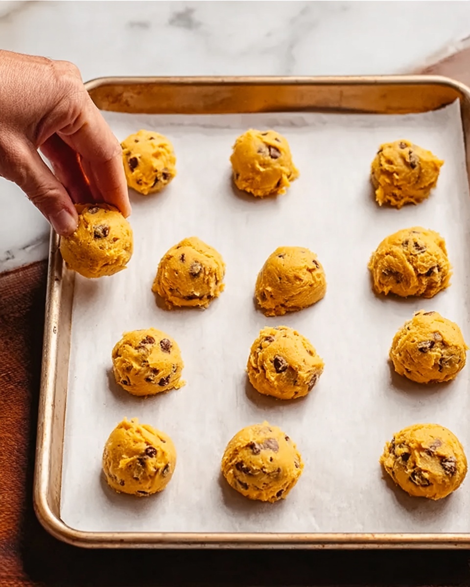 A metal baking tray is lined with white parchment paper, holding twelve small, round scoops of yellow-orange cookie dough with visible chocolate chunks. The dough balls are evenly spaced in rows across the tray. The tray sits on a white marbled surface, and a woman's hand is about to place another scoop of dough onto the tray. Photo taken with an iphone --ar 4:5 --v 7