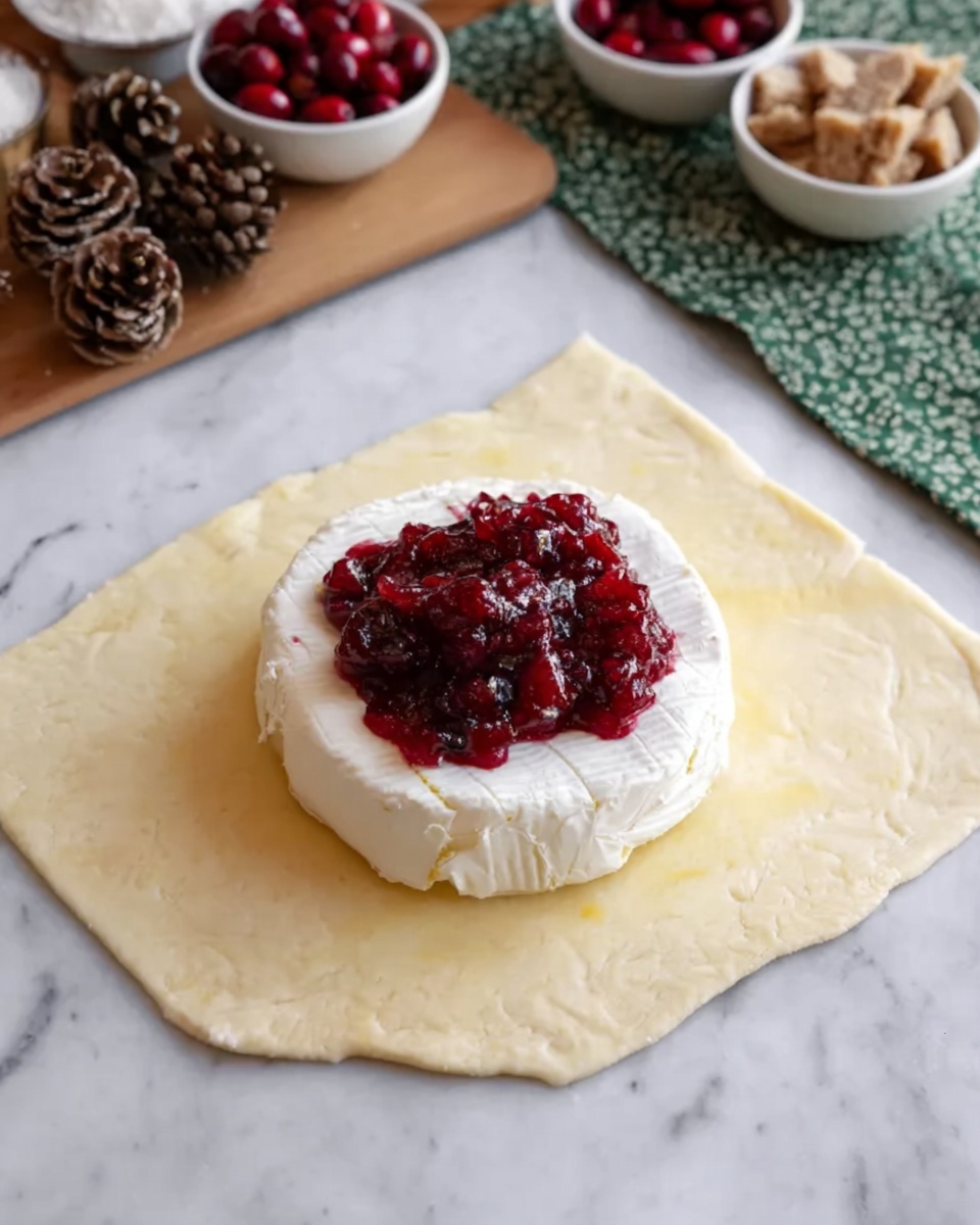 A round piece of white cheese with a soft texture sits in the center of a large, flat layer of pale yellow dough spread on a white marbled surface. On top of the cheese, there is a generous scoop of red cranberry sauce with a chunky texture. In the background, there are small white bowls filled with fresh cranberries, brown sugar, and several pine cones. A green cloth with a subtle pattern is placed to the side. Photo taken with an iphone --ar 4:5 --v 7